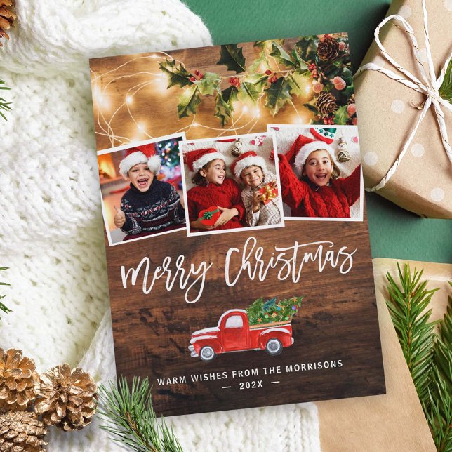 Rustic String Lights Red Christmas Truck 4 Photo Holiday Card (Creator Uploaded)
