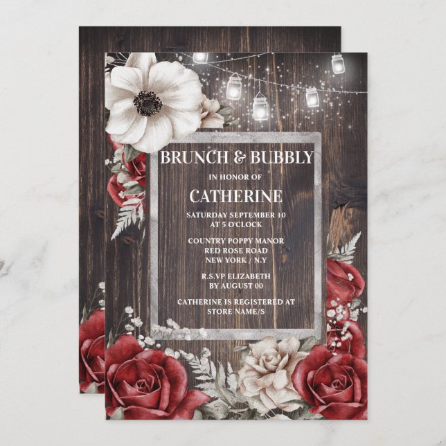 Rustic string lights red rose poppy flower chic invitation (Front/Back)
