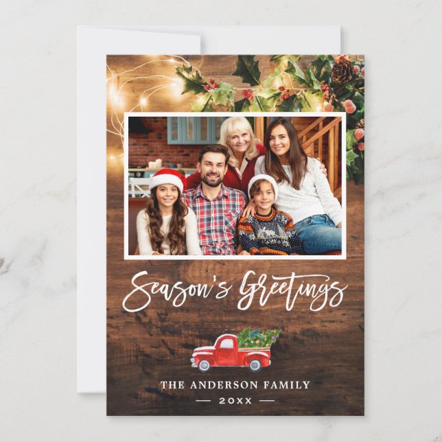 Rustic String Lights Red Truck Photo Greeting Holiday Card (Front)
