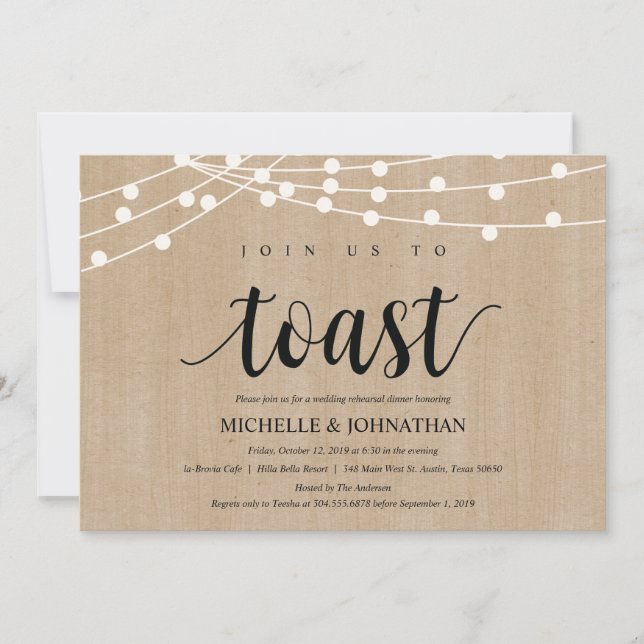 Rustic String Lights Rehearsal Dinner Invites (Front)