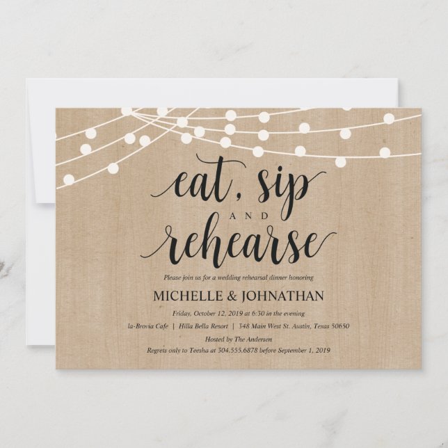 Rustic String Lights Rehearsal Dinner Invites (Front)