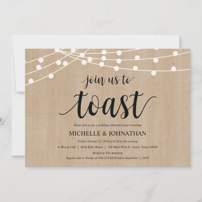 Rustic String Lights Rehearsal Dinner Invites (Front)