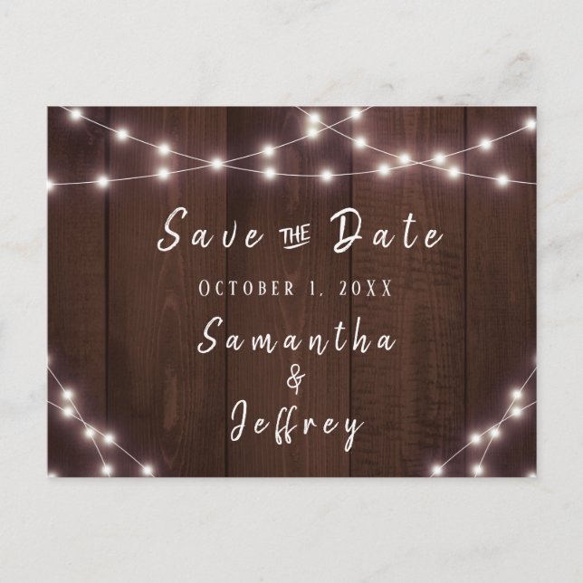 Rustic String Lights Save the Date Wedding Announcement Postcard (Front)