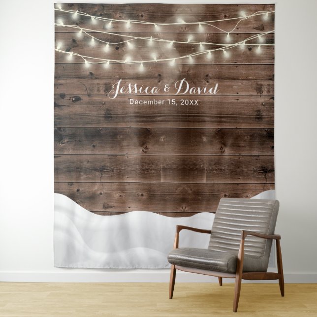 Rustic String Lights Snow Winter Wedding Backdrops Tapestry (In Situ)