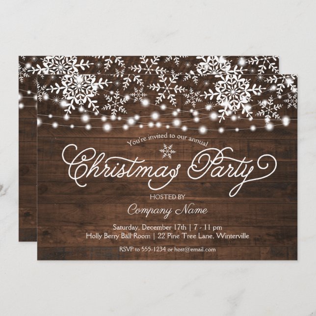 Rustic String Lights Snowflakes Company Christmas Invitation (Front/Back)