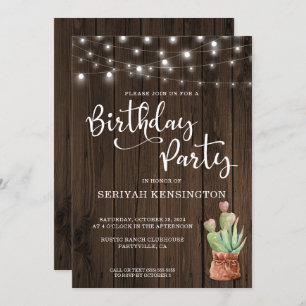 Rustic String Lights Succulent Any Year Birthday Invitation