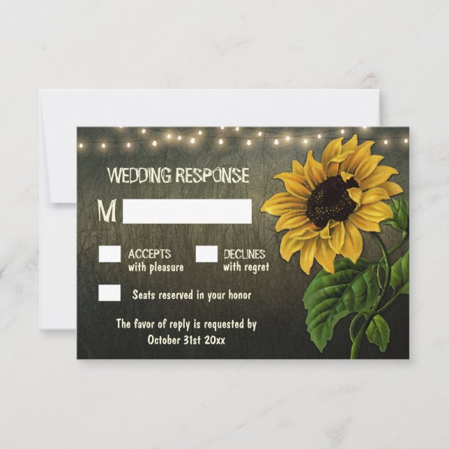 Rustic String Lights Sunflower Wedding RSVP Cards (Front)