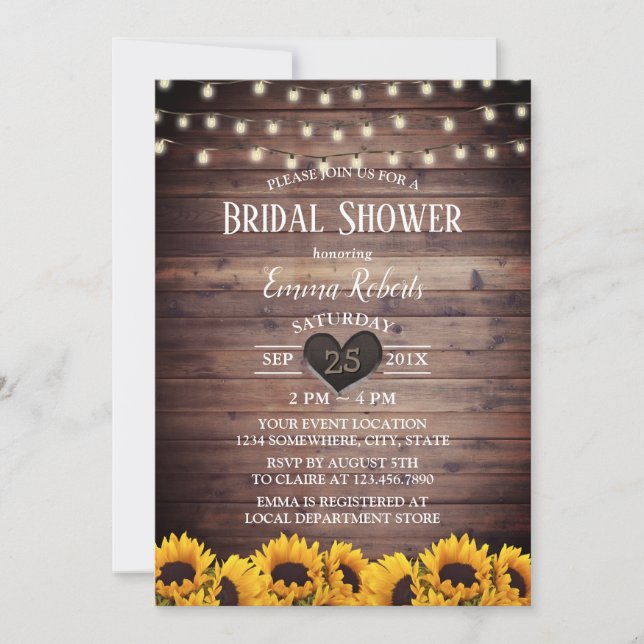Rustic String Lights Sunflowers Bridal Shower Invitation (Front)