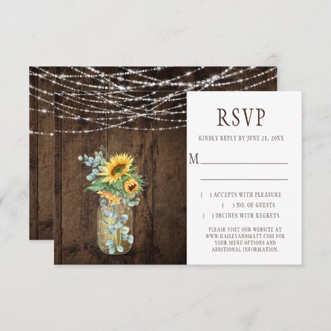 Rustic String Lights Sunflowers Mason Jars RSVP (Front/Back)