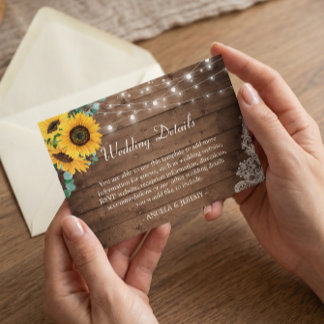 Rustic String Lights Sunflowers Wedding Details Enclosure Card
