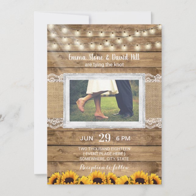 Rustic String Lights & Sunflowers Wedding Photo Invitation (Front)