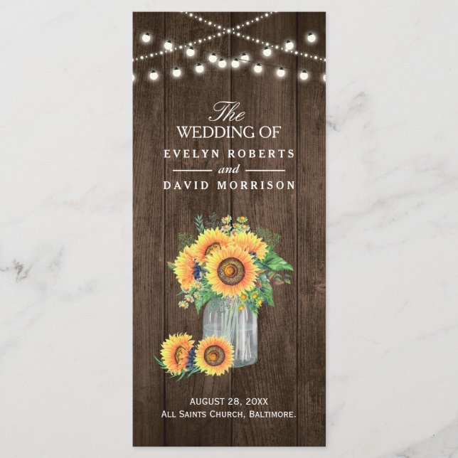 Rustic String Lights Sunflowers Wedding Program (Front)