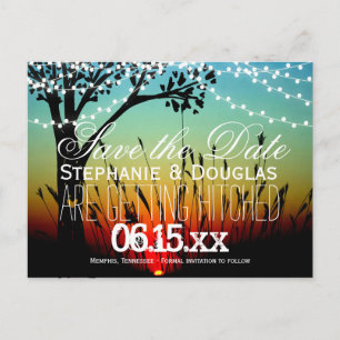 Rustic String Lights Sunset Save the Date Postcard