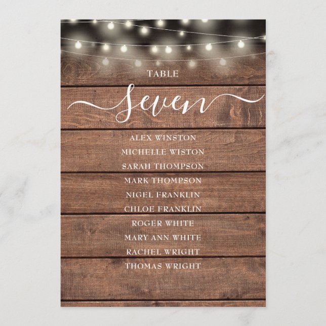 Rustic String Lights Table Number Seating Chart (Front)