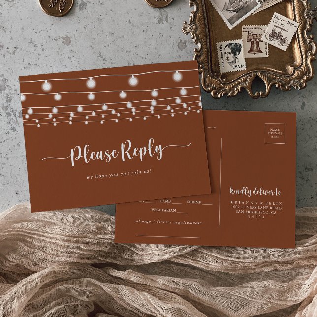 Rustic String Lights Terracotta Menu Choice RSVP  Postcard (Creator Uploaded)