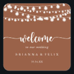 Rustic String Lights Terracotta Wedding Welcome   Square Sticker<br><div class="desc">This rustic string lights terracotta wedding welcome square sticker is perfect for a classic wedding. The design features beautiful hand-painted string lights in a terracotta background.

These labels are perfect for hotel guest welcome bags and destination weddings.</div>
