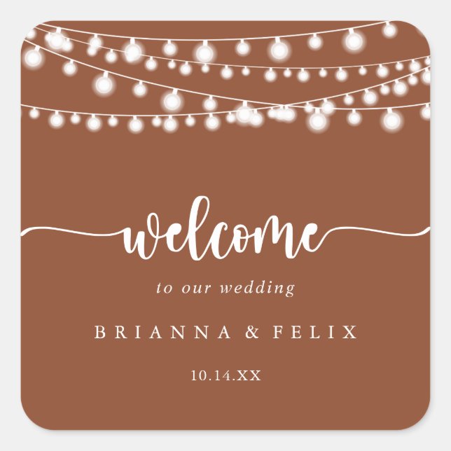 Rustic String Lights Terracotta Wedding Welcome   Square Sticker (Front)