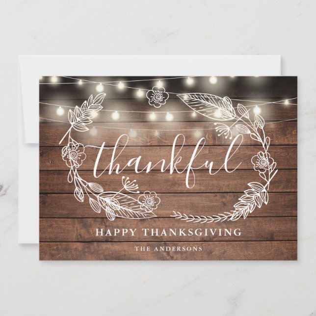 Rustic String Lights Thankful Photo Thanksgiving Holiday Card (Front)