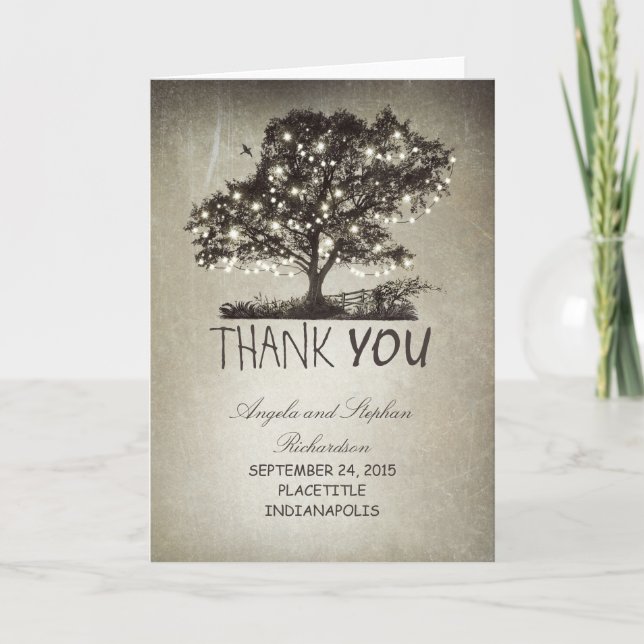 rustic string lights tree thank you cards (Front)