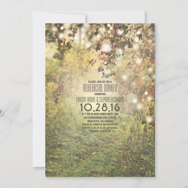 Rustic string lights trees path rehearsal dinner invitation (Front)