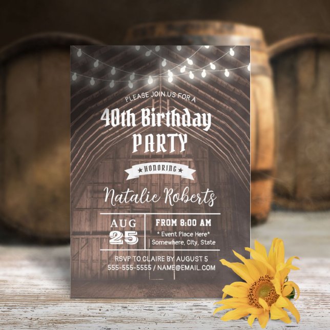 Rustic String Lights Vintage Barn 40th Birthday Invitation (Creator Uploaded)