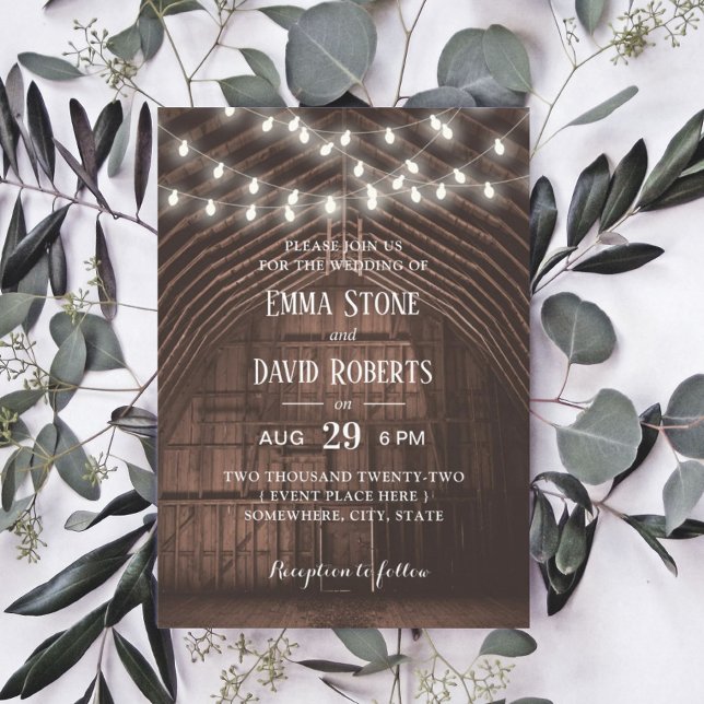 Rustic String Lights Vintage Barn Wedding Invitation (Creator Uploaded)