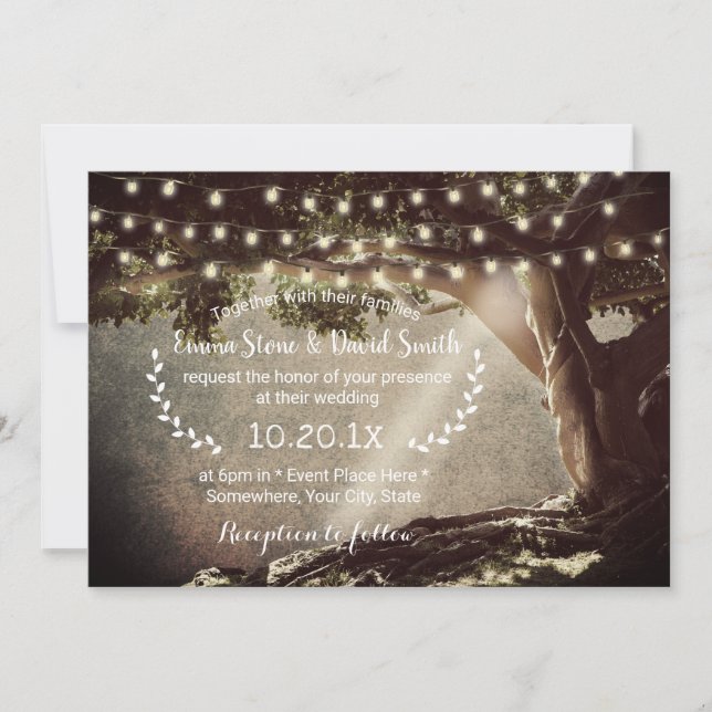 Rustic String Lights Vintage Tree Wedding Invitation (Front)