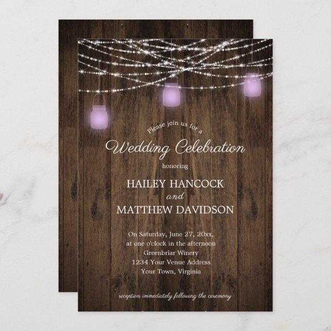 Rustic String Lights Violet Mason Jars Wedding Inv Invitation (Front/Back)