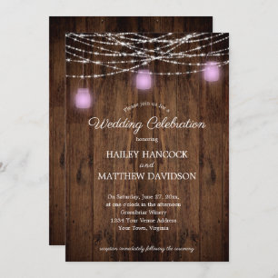 Rustic String Lights Violet Mason Jars Wedding Inv Invitation