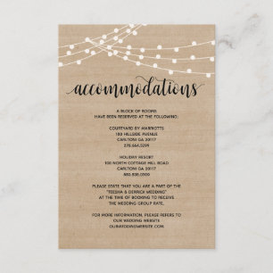 Rustic string lights wedding accommodations card