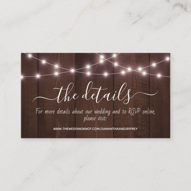 Rustic String Lights Wedding Information Details Enclosure Card (Front)