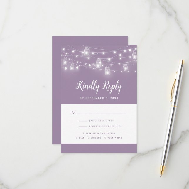 Rustic String Lights Wedding RSVP Card (Front/Back In Situ)