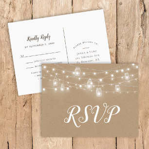 Rustic String Lights Wedding RSVP Postcard