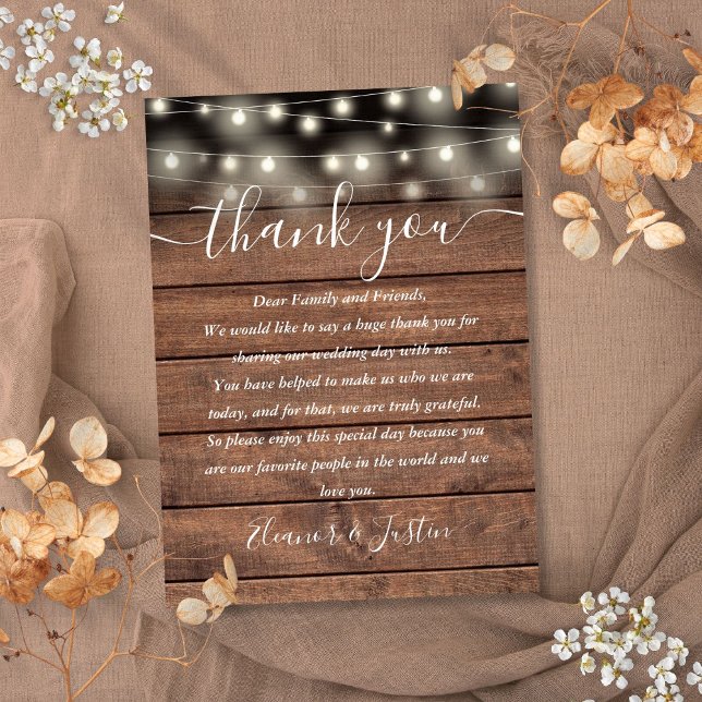 Rustic String Lights Wedding Thank You Place Card (Rustic String Lights Wedding Thank You Place Card)