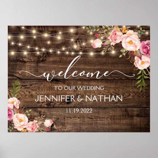 Rustic String Lights Wedding Welcome Sign (Front)