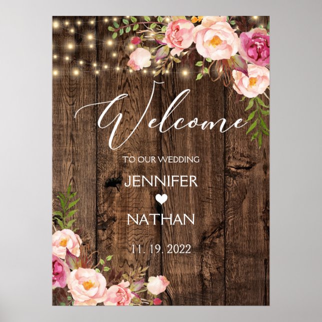 Rustic String Lights Wedding Welcome Sign (Front)