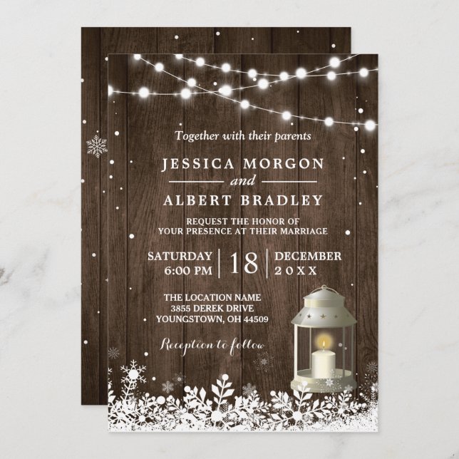 Rustic String Lights White Lantern Winter Wedding Invitation (Front/Back)