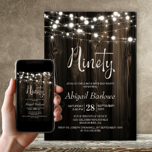 Rustic String Lights Wood 90th Birthday Party Invitation