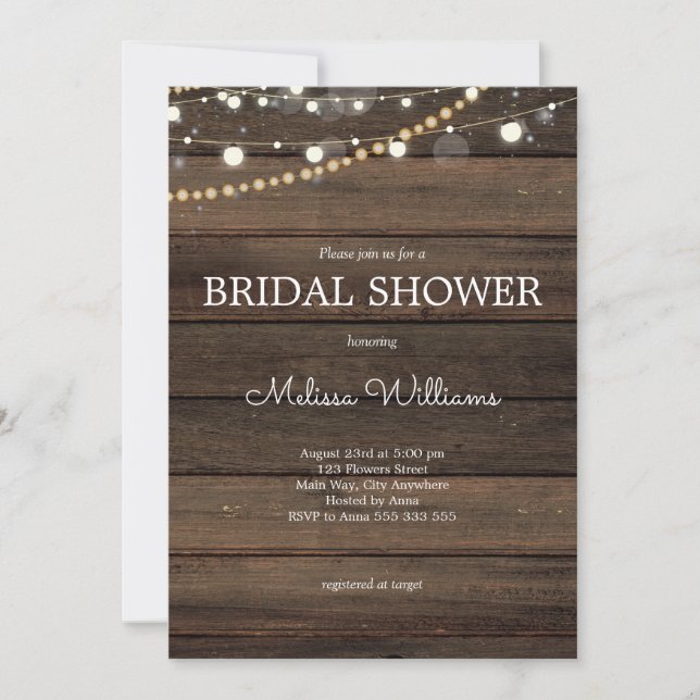 Rustic String Lights Wood Bridal Shower Invitation (Front)