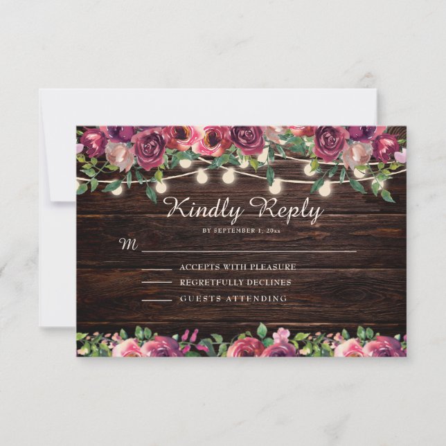 Rustic String Lights Wood Burgundy Floral  RSVP Card (Front)