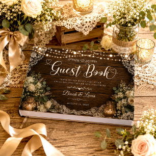 Rustic String Lights Wood Candles Lace Wedding Guest Book