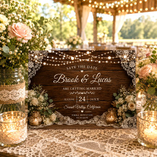 Rustic String Lights Wood Candles Lace Wedding Save The Date