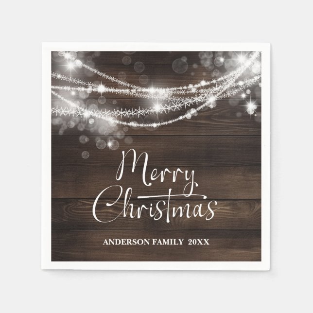 Rustic String Lights Wood Christmas Napkin (Front)