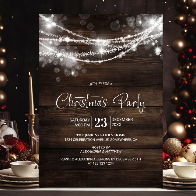 Rustic String Lights Wood Christmas Party Invitation (Creator Uploaded)