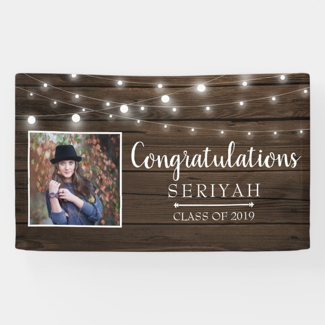 Rustic String Lights Wood Graduation Banner (Horizontal)