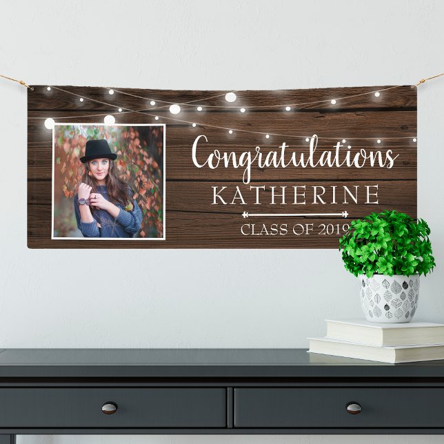 Rustic String Lights Wood Graduation Banner (Creator Uploaded)