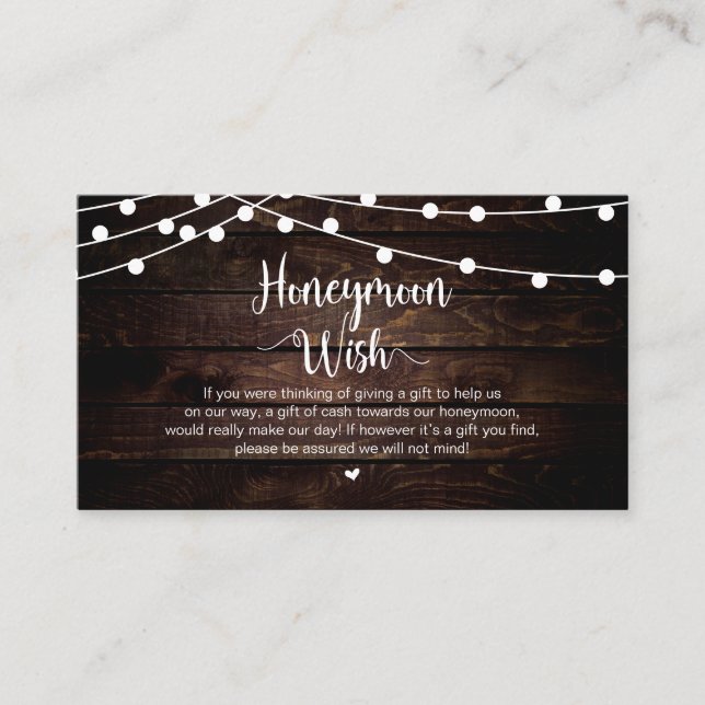 Rustic String Lights, Wood, Honeymoon Wish Enclosure Card (Front)
