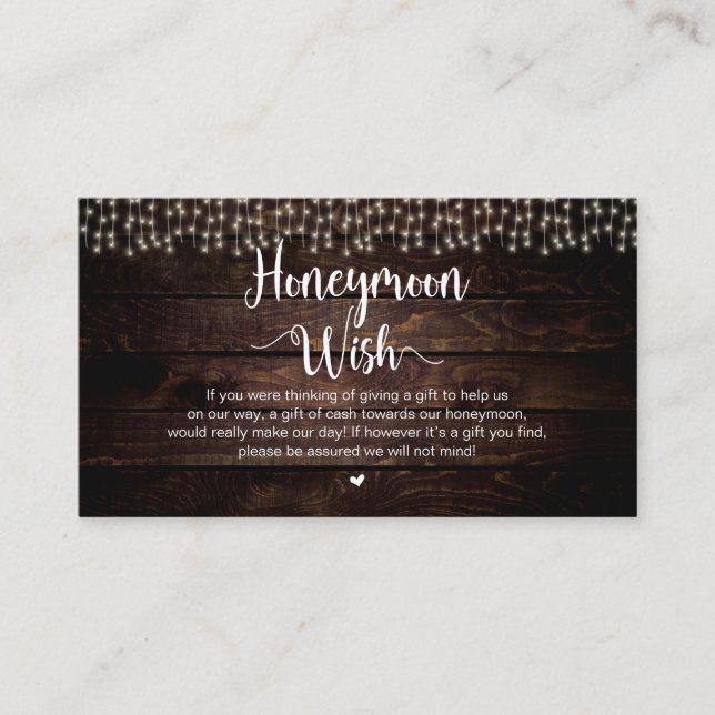Rustic String Lights, Wood, Honeymoon Wish Enclosure Card (Front)