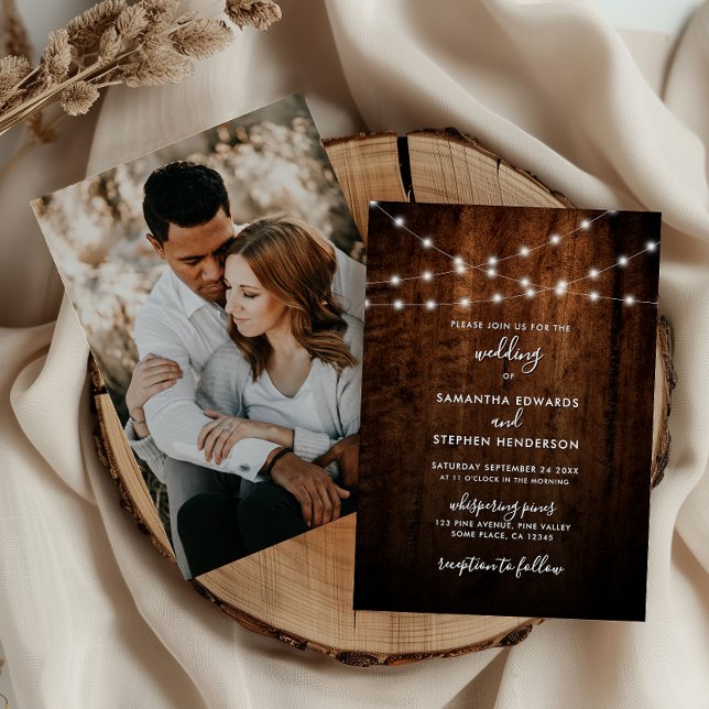 Rustic String Lights & Wood Photo Wedding Invitation (Creator Uploaded)
