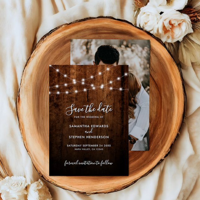 Rustic String Lights & Wood Photo Wedding Save The Date (Creator Uploaded)